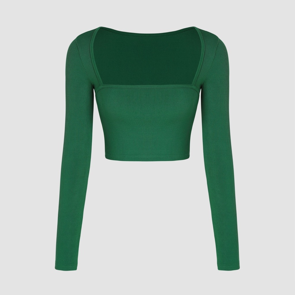 Cider Green Solid Square Neck Ribbed Long Sleeve Crop Top S